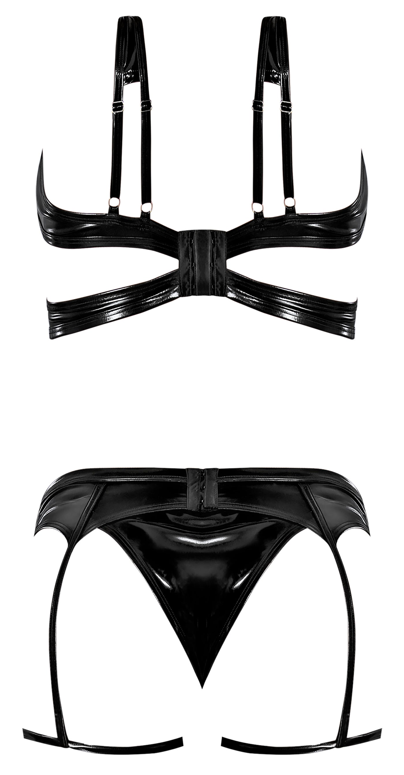 Hella Raw Liquid Onyx Cut Out Bra Panty & Stirrup Garter Black L/xl