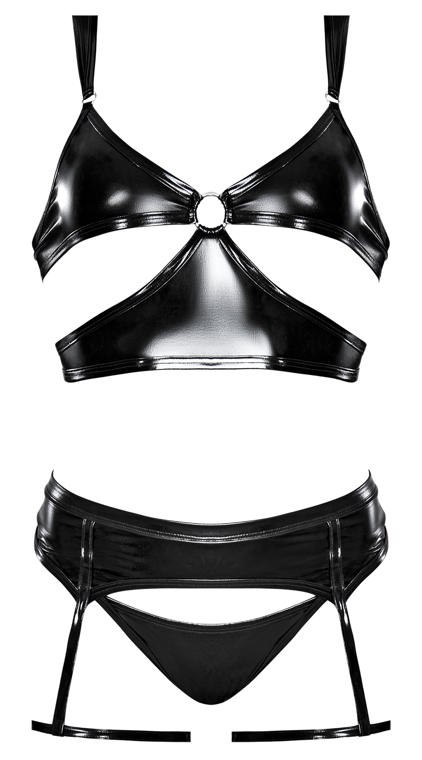 Hella Raw Liquid Onyx Cut Out Bra Panty & Stirrup Garter Black L/xl