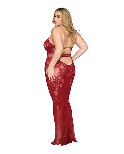 Hella Raw Lace and Mesh Seamless Halter Bodystocking Gown w/Rhinestone Details - Ox Blood QN