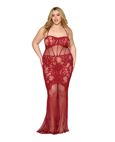 Hella Raw Lace and Mesh Seamless Halter Bodystocking Gown w/Rhinestone Details - Ox Blood QN