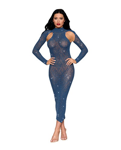 Hella Raw Long-Sleeved Seamless Open Back Bodystocking Gown w/Rhinestone Detail - Twilight Blue O/S