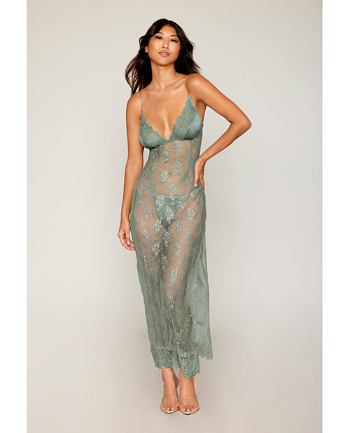 Hella Raw Eyelash Lace & Satin Long Chemise w/G-String - Sage Green