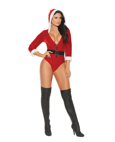 Hella Raw Santa's Tease Deep V Velvet Teddy w/Detachable Elastic Belt - Red/White