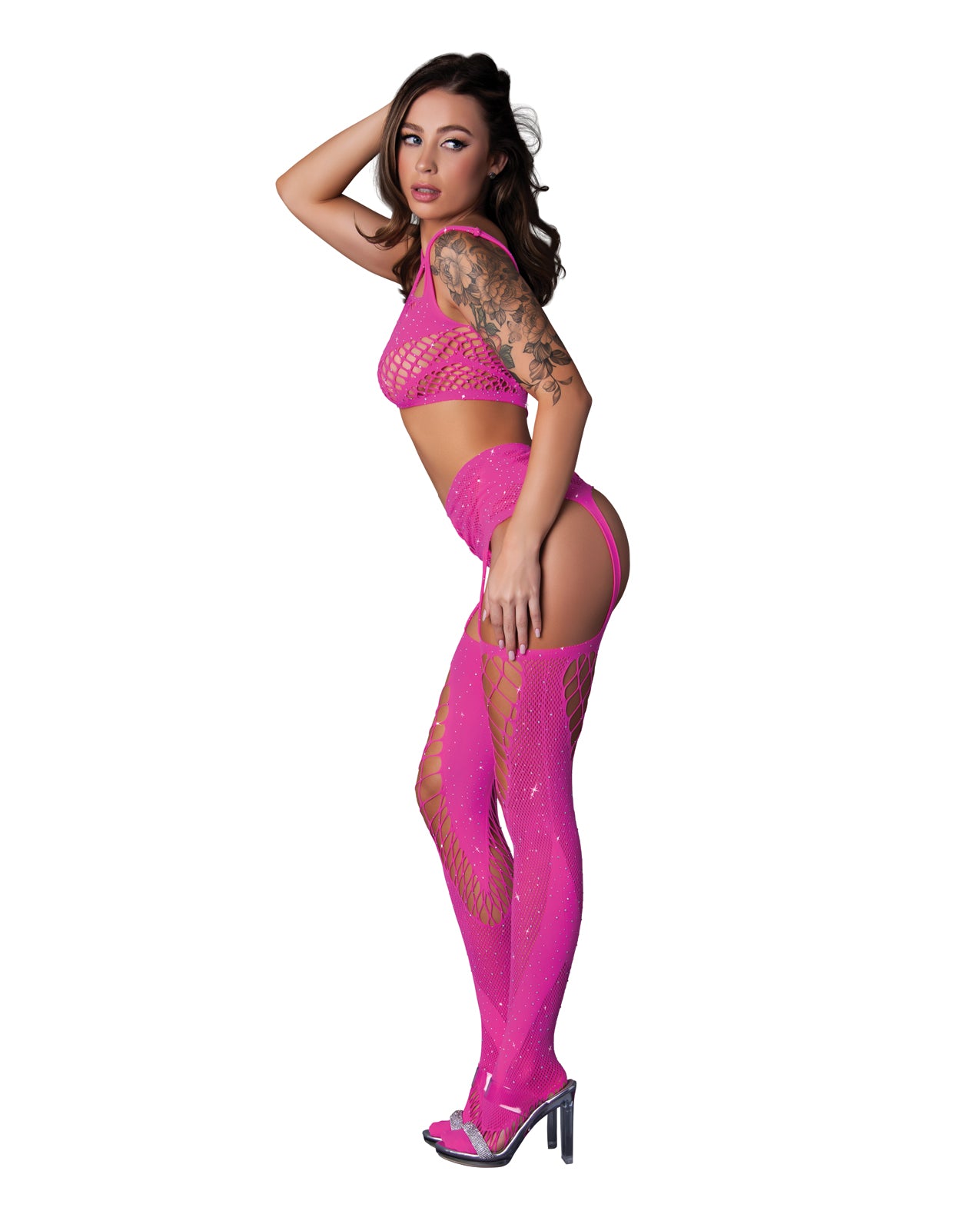 Hella Raw Seamless Blacklight Reflective Bralette w/G-String & Garter Stocking 3 pc Set - Pink O/S