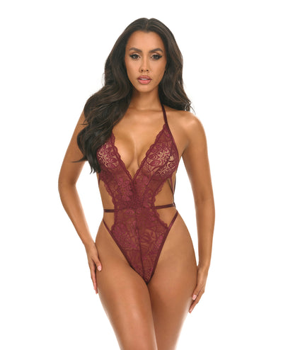 Hella Raw Lina Lace Halter Teddy - Zinfandel