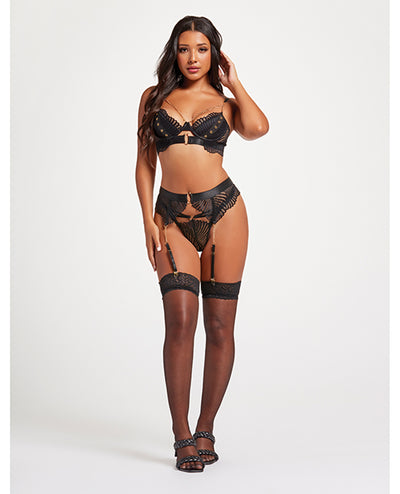 Hella Raw Scalloped Lace Bra W/gold Chain, Garter Belt & Thong Black