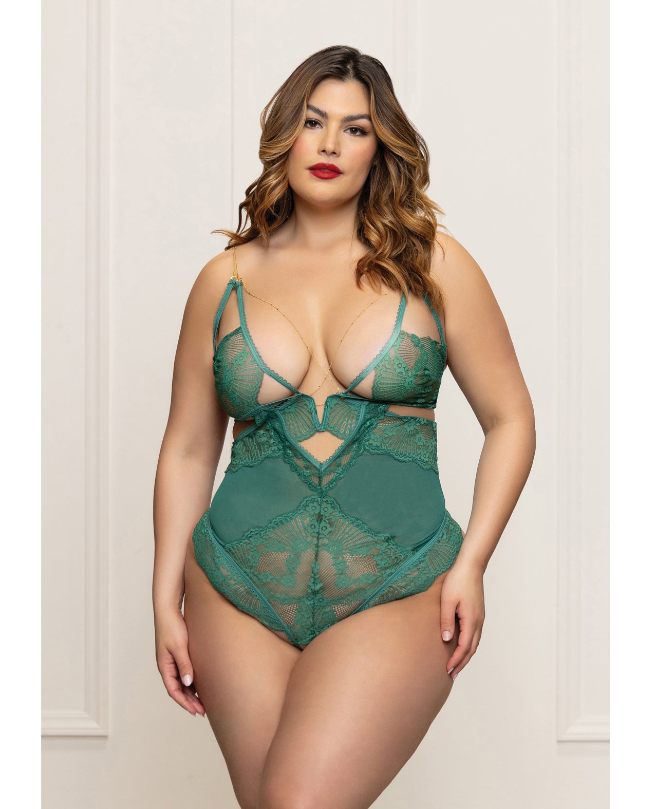 Hella Raw Lace and Mesh Open Crotch Teddy w/Gold Straps - Green 1X/2X