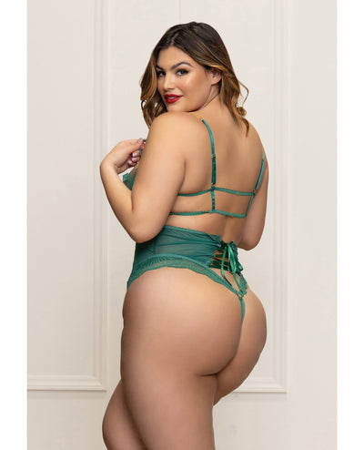 Hella Raw Lace and Mesh Open Crotch Teddy w/Gold Straps - Green 1X/2X