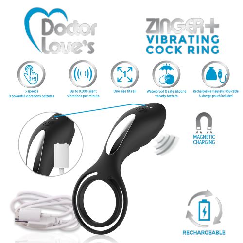 Hella Raw Doctor Love Zinger+ Vibrating Rechargeable Cock Ring W/ Remote Black