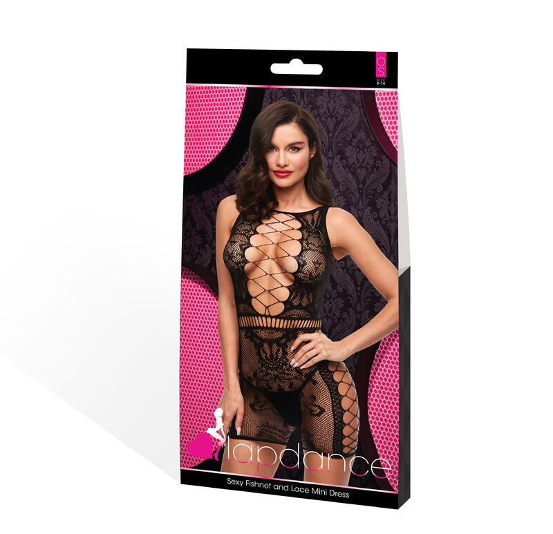 Hella Raw Lapdance Sexy Fishnet & Lace Mini Dress Black O/s