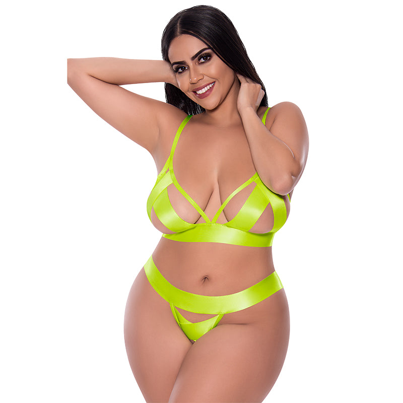 Hella Raw Strap Tease Bra & Crotchless Panty Neon Yellow 2xl