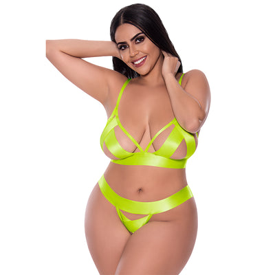 Hella Raw Strap Tease Bra & Crotchless Panty Neon Yellow 2xl