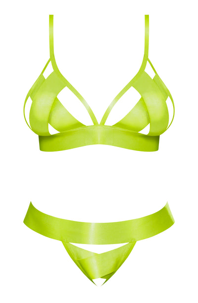 Hella Raw Strap Tease Bra & Crotchless Panty Neon Yellow 2xl