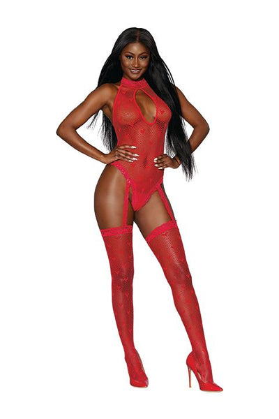 Hella Raw Seamless Heart Fishnet Bodystocking Lipstick Red O-s