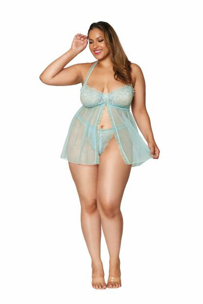 Hella Raw Stretch Lace Babydoll Set W- Ruffle Trim Mint Q-s