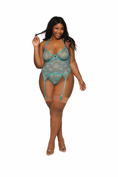 Hella Raw Ditsy Floral Printed Lace Bustier & G-string Set Ocean Q/s