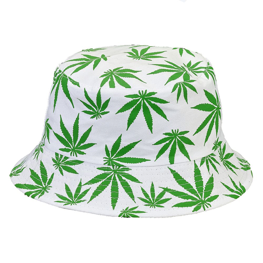 Hella Raw White Bucket Hat W/ Green Leaves