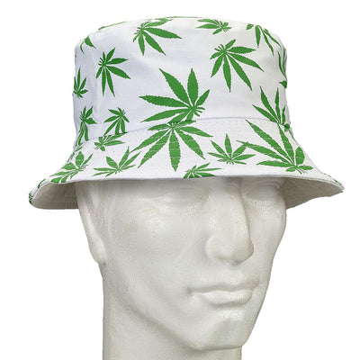 Hella Raw White Bucket Hat W/ Green Leaves