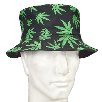 Hella Raw Black Bucket Hat W/ Green Leaves